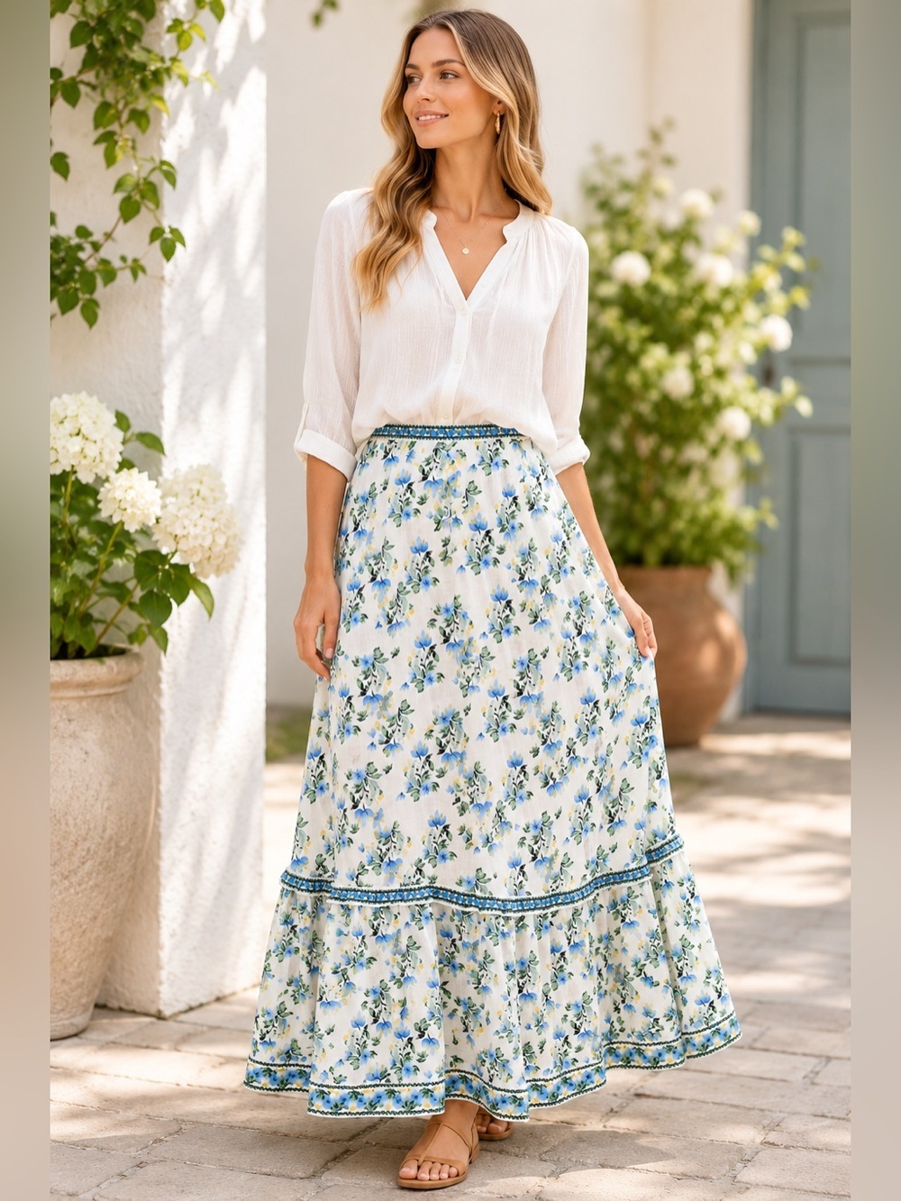 Max Studio London Blue Floral Tiered Maxi Skirt Size S Boho Pull On Pockets